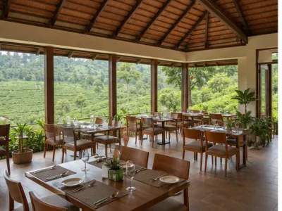 Tea Horizon Family Resort — Living and dining area (fictional demo image)