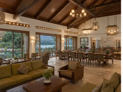 Lakewind Courtyard Villa — Living and dining area (fictional demo image)