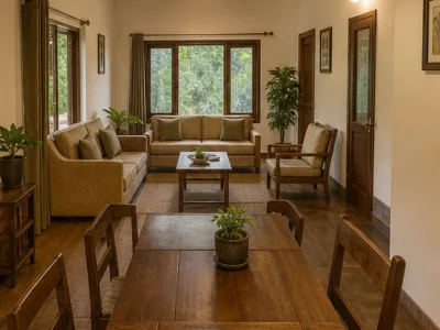 Fern River Cottage — Living and dining area (fictional demo image)