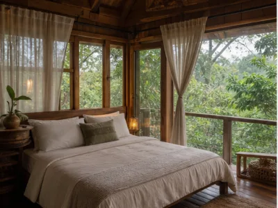 Rainforest Nest Treehouse — Bedroom (fictional demo image)