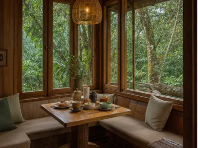 Rainforest Nest Treehouse — Living and dining area (fictional demo image)